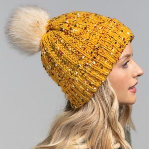 🆕 Mustard & Multicolor Confetti Knit Beanie w/ Faux Fur Pom-Pom 🆕